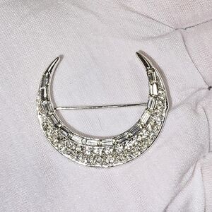 Vintage Edwardian Style Silver Tone Crystal Designer Signed Crescent Moon Brooch